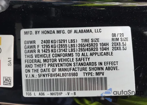 2020 Honda Passport Awd Touring z USA, uszkodzony, nr VIN 5FNYF8H94LB018980